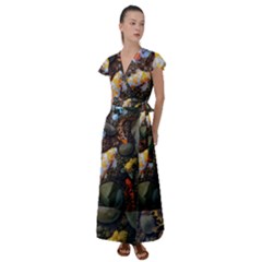 Koi Fish Clown Pool Stone Flutter Sleeve Maxi Dress by Cemarart