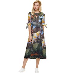 Koi Fish Clown Pool Stone Bow Sleeve Chiffon Midi Dress by Cemarart