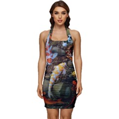 Koi Fish Clown Pool Stone Sleeveless Wide Square Neckline Ruched Bodycon Dress by Cemarart