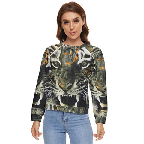 Angry Tiger Animal Broken Glasses Women s Long Sleeve Raglan T-shirt by Cemarart