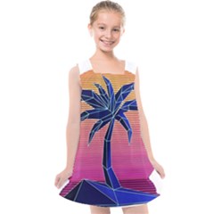 Abstract 3d Art Holiday Island Palm Tree Pink Purple Summer Sunset Water Kids  Cross Back Dress by Cemarart