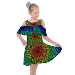 Rainbow Mandala Abstract Pastel Pattern Kids  Shoulder Cutout Chiffon Dress