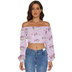 Unicorn Clouds Colorful Cute Pattern Sleepy Long Sleeve Crinkled Weave Crop Top by Grandong