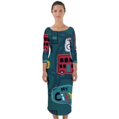 Seamless Pattern Hand Drawn With Vehicles Buildings Road Quarter Sleeve Midi Bodycon Dress by Grandong