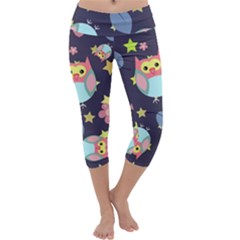 Owl Stars Pattern Background Capri Yoga Leggings by Grandong