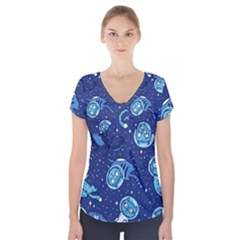 Cat Astronaut Space Suit Pattern Short Sleeve Front Detail Top by Cemarart