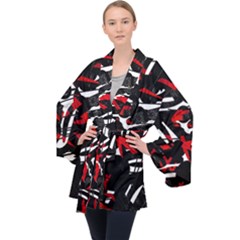 Shape Line Red Black Abstraction Long Sleeve Velvet Kimono  by Cemarart