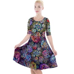 Floral Fractal 3d Art Pattern Quarter Sleeve A-line Dress