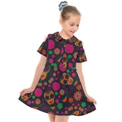 Skull Colorful Floral Flower Head Kids  Short Sleeve Shirt Dress