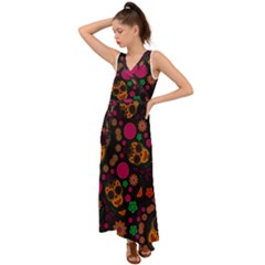 Skull Colorful Floral Flower Head V-neck Chiffon Maxi Dress by Cemarart