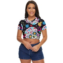 Sugar Skull Black Olorful Flower Side Button Cropped T-shirt