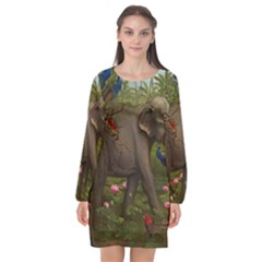 Jungle Of Happiness Painting Peacock Elephant Long Sleeve Chiffon Shift Dress  by Cemarart