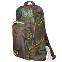 Jungle Of Happiness Painting Peacock Elephant Double Compartment Backpack by Cemarart