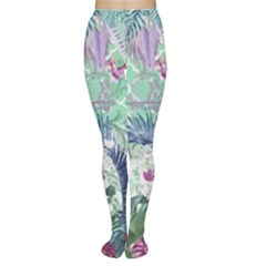 Peacock Parrot Bird Pattern Exotic Summer Green Flower Jungle Paradise Tights by Cemarart