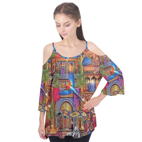 Arabian Street Art Colorful Peacock Tiger Man Parrot Horse Dancer Fantasy Flutter Sleeve T-shirt  by Cemarart