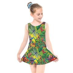 The Chameleon Colorful Mushroom Jungle Flower Insect Summer Dragonfly Kids  Skater Dress Swimsuit by Cemarart