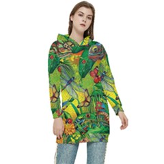 The Chameleon Colorful Mushroom Jungle Flower Insect Summer Dragonfly Women s Long Oversized Pullover Hoodie by Cemarart