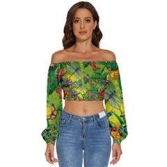 The Chameleon Colorful Mushroom Jungle Flower Insect Summer Dragonfly Long Sleeve Crinkled Weave Crop Top by Cemarart