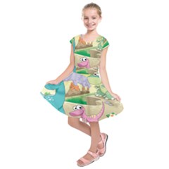 Kids Mural Cartoon Dinosaur Kids  Short Sleeve Dress by nateshop