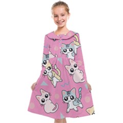 Cute Animal Little Cat Seamless Pattern Kids  Midi Sailor Dress by Cemarart