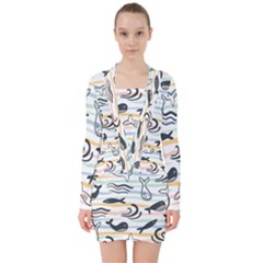 Seamless Vector Pattern With Little Cute Fish Cartoon V-neck Bodycon Long Sleeve Dress by Cemarart