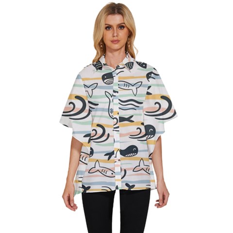 Seamless Vector Pattern With Little Cute Fish Cartoon Women s Batwing Button Up Shirt by Cemarart