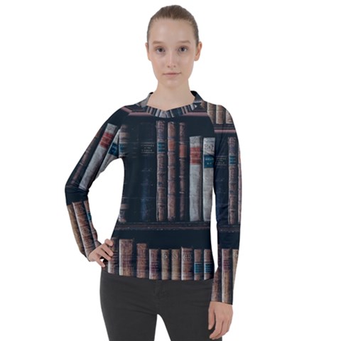 Aged Bookcase Books Bookshelves Women s Pique Long Sleeve T-shirt by Grandong