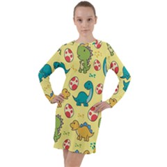 Seamless Pattern With Cute Dinosaurs Character Long Sleeve Hoodie Dress by Ndabl3x