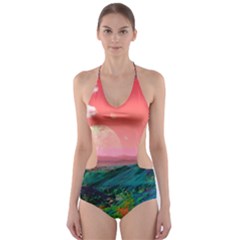 Unicorn Valley Aesthetic Clouds Landscape Mountain Nature Pop Art Surrealism Retrowave Cut-out One Piece Swimsuit by Cemarart