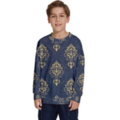 Floral Damask Pattern Texture, Damask Retro Background Kids  Crewneck Sweatshirt by nateshop