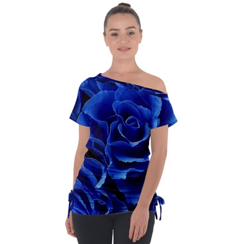 Blue Roses Flowers Plant Romance Blossom Bloom Nature Flora Petals Off Shoulder Tie-up T-shirt by Proyonanggan