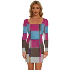 Tile, Colorful, Squares, Texture Long Sleeve Square Neck Bodycon Velvet Dress