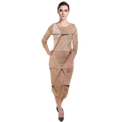 Wooden Triangles Texture, Wooden Wooden Quarter Sleeve Midi Velour Bodycon Dress