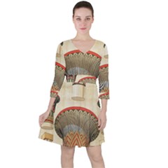 Egyptian Architecture Column Quarter Sleeve Ruffle Waist Dress by Proyonanggan