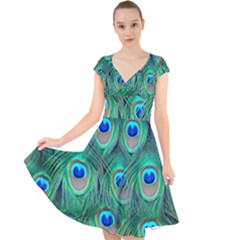 Peacock Feathers, Bonito, Bird, Blue, Colorful, Feathers Cap Sleeve Front Wrap Midi Dress by nateshop