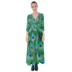 Peacock Feathers, Bonito, Bird, Blue, Colorful, Feathers Button Up Maxi Dress by nateshop