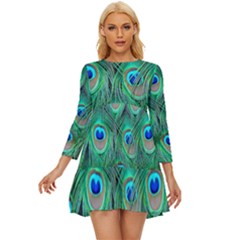 Peacock Feathers, Bonito, Bird, Blue, Colorful, Feathers Long Sleeve Babydoll Dress