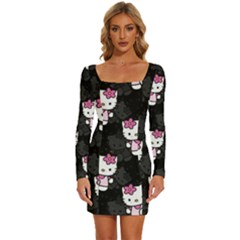 Hello Kitty, Pattern, Supreme Long Sleeve Square Neck Bodycon Velvet Dress