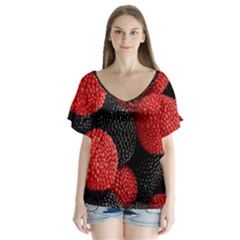 Berry,curved, Edge, V-neck Flutter Sleeve Top by nateshop