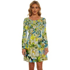 Background-flowers Long Sleeve Wide Neck Velvet Dress