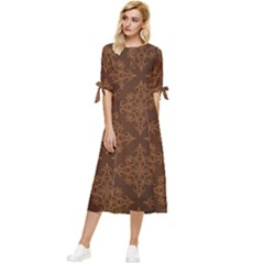 Brown Floral Pattern Floral Vintage Pattern, Brown Vintage Bow Sleeve Chiffon Midi Dress