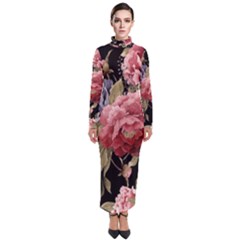 Retro Texture With Flowers, Black Background With Flowers Turtleneck Maxi Dress