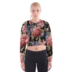 Retro Texture With Flowers, Black Background With Flowers Cropped Sweatshirt