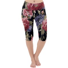 Retro Texture With Flowers, Black Background With Flowers Lightweight Velour Cropped Yoga Leggings by nateshop