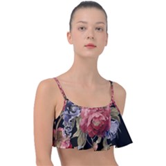 Retro Texture With Flowers, Black Background With Flowers Frill Bikini Top by nateshop