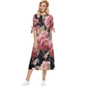 Retro Texture With Flowers, Black Background With Flowers Bow Sleeve Chiffon Midi Dress View1