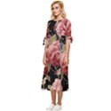 Retro Texture With Flowers, Black Background With Flowers Bow Sleeve Chiffon Midi Dress View2