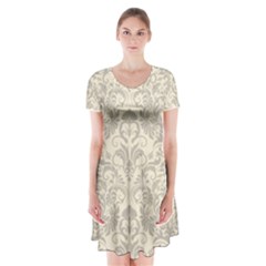 Retro Texture With Ornaments, Vintage Beige Background Short Sleeve V-neck Flare Dress by nateshop