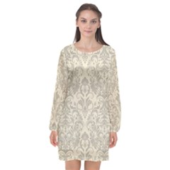 Retro Texture With Ornaments, Vintage Beige Background Long Sleeve Chiffon Shift Dress 