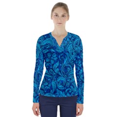 Blue Floral Pattern Texture, Floral Ornaments Texture V-neck Long Sleeve Top by nateshop